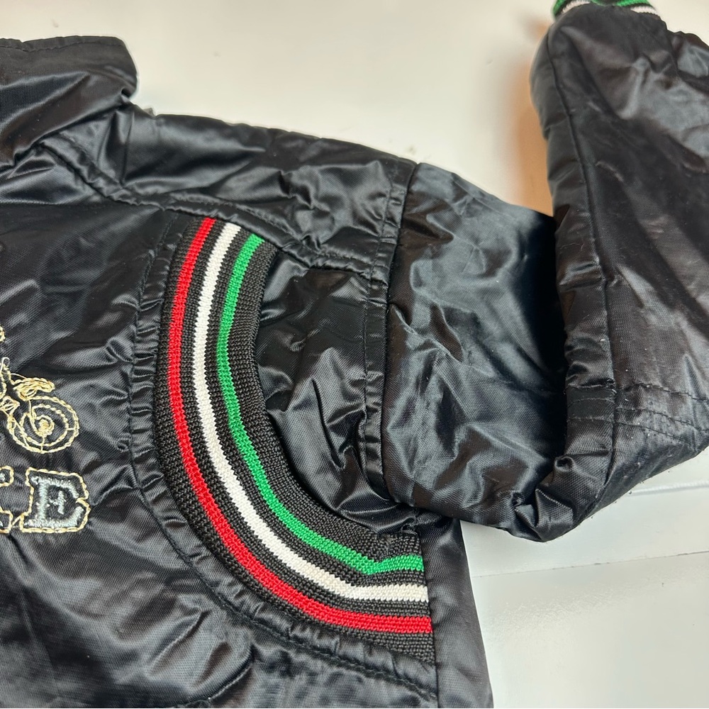Y2K Moto Puffer Jacket | Kids Racing Stripe Embroidered Black Nylon Coat 3T-4T - Picture 9 of 11